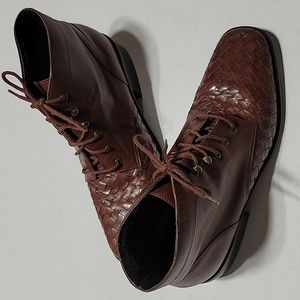 westbound 9.5M Vintage Brown Leather Basket Weave Lace-up Square Toe Ankle Boots